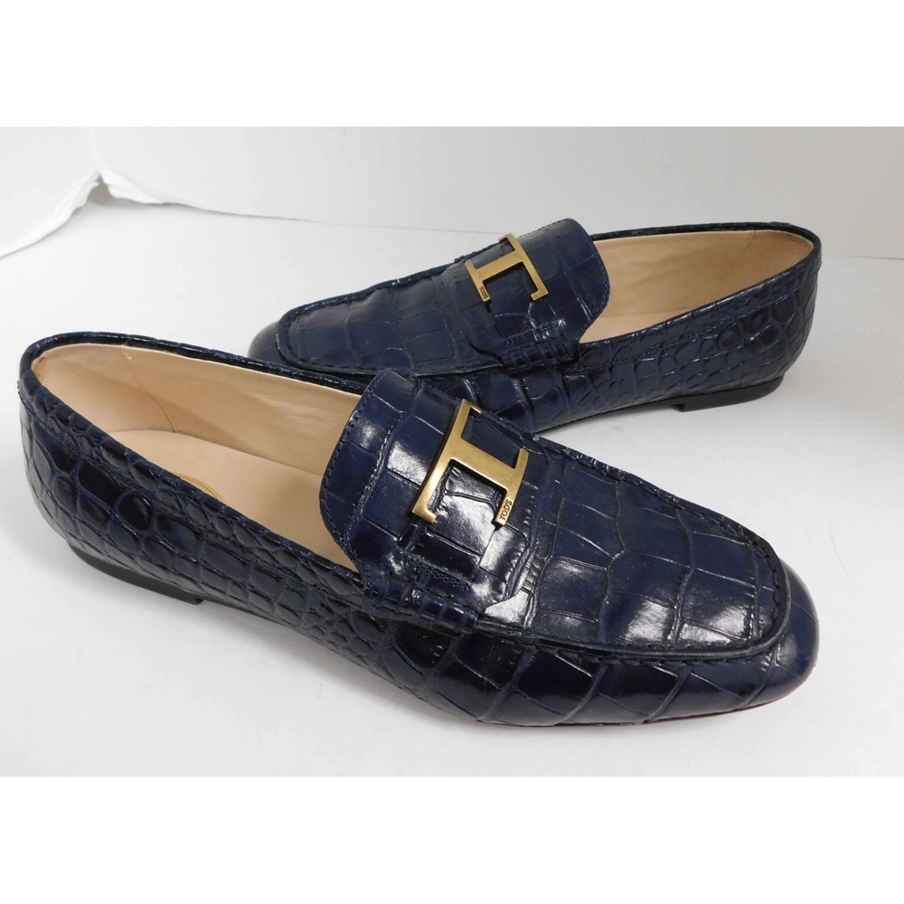 TOD'S Crocodile Embossed Flat Loafers Blue Woman's Driving Sole Italy sz 39